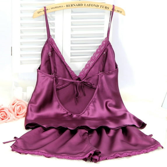 Women Sexy Solid Color Lace Pajamas Spaghetti Straps Camisole Elastic Shorts