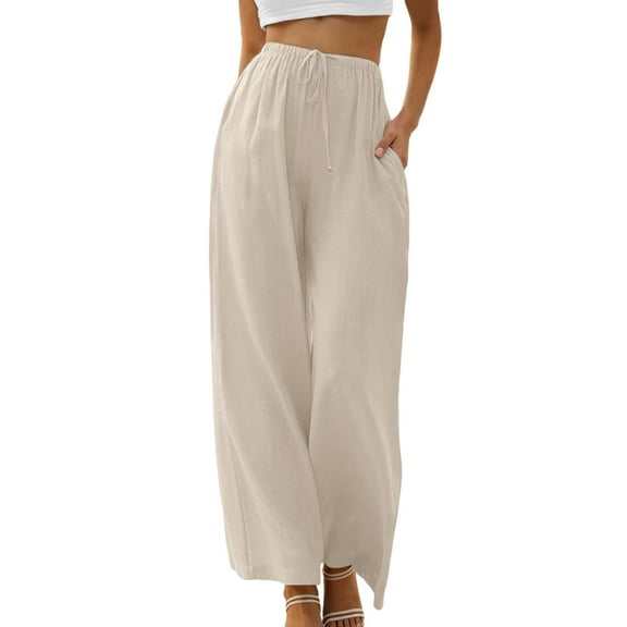 DuoJiaJ Linen High Waisted Wide Leg Palazzo Pants For Women Casual Summer Drawstring Trousers Flowy Beach Pants With Pockets Plus Size Casual Pants