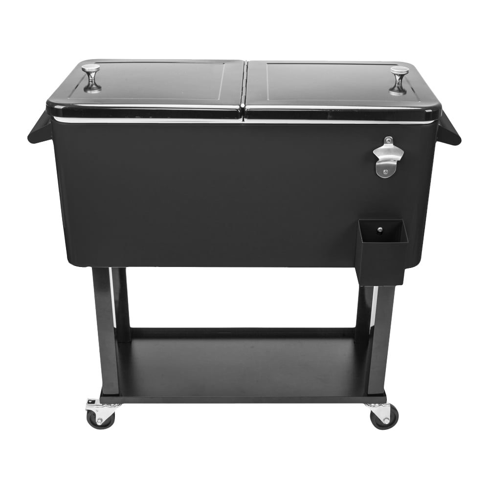 SYNGAR Ice Chest on Wheels with Shelf, 80 Quart Rolling Cart with Bottle Opener and Drain Plug, Portable Bar Drink Cooler, Outdoor Beverage Incubator for Patio Poolside Camping Party, Black, D6044