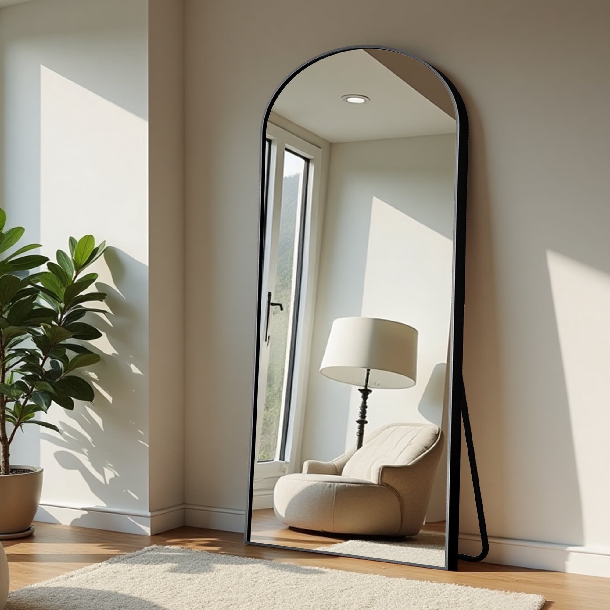 MAYEERTY 71*32*0.6in Full Body Mirror for Bedroom, Aluminum Frame, Right-Angle Arch with Stand, Black