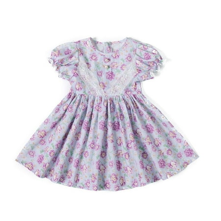 

B91xZ Dresses for Teens Girls Floral Dress Lace Light Flutter Sleeves Casual Summer Dresses for 18M To 6Y Purple Sizes 18 Months
