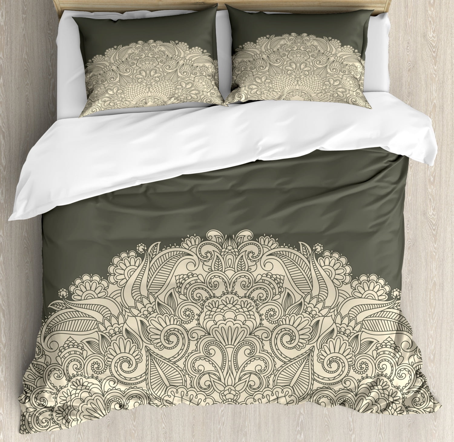 Oriental King Size Duvet Cover Set, Half Mandala Figure with Rich