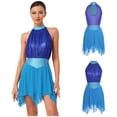 thumbnail image 2 of Aislor Women Ruched Metallic Mesh Lyrical Dance Dress Irregular Ballet Leotard Modern Contemporary Blue XL, 2 of 7