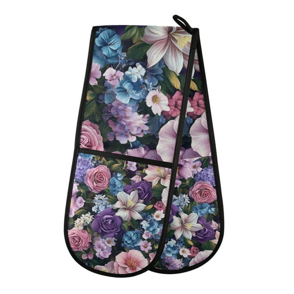 Yayeee Double Oven Mitt Kitchen Heat Resistant Baking 35" x7" Quilted Glove, Pink and Purple Flowers