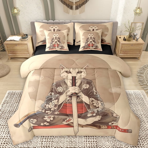 Manfei Japanese Ukiyoe 7-Piece Twin Bedding Sets,Cat Kitten Samurai Bedding Comforter Set,Cherry Blossom Sheet Sets For Girls Boys,Microfiber Bedroom Decor Reversible