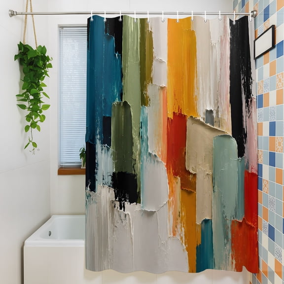 Colorful Waves Shower Curtain for Bathroom Decor, Modern Abstract Minimalist Blue Green Orange Lines Waterproof Fabric Shower Curtain, 60"x72" Set with 12 Hooks