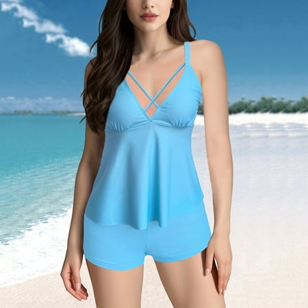 POROPL Womens Swim Suits Fashion Bikini V Neck Halter Top Bandeau Swim Blue Size S-5XL