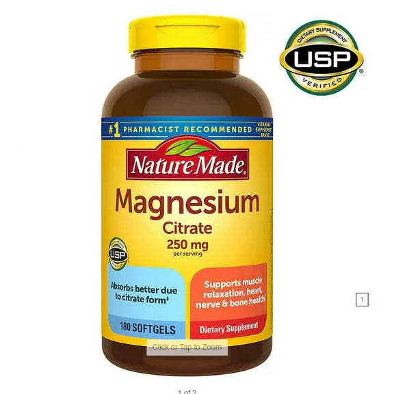 Nature Made Magnesium Citrate 250 mg Dietary Supplement (Netcount 180 Soft Gels), 180Count