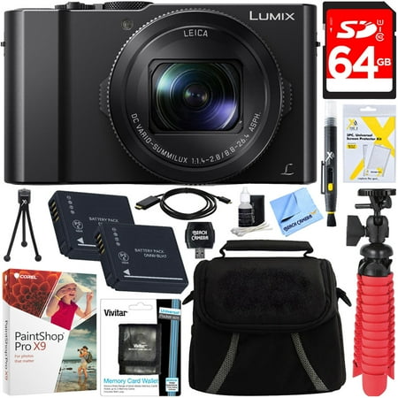 - Panasonic LUMIX LX10 20.1MP Leica DC Optical Zoom Digital Camera + 64GB Class 10 UHS-1 SDXC Memory Card + Two Pack BLH7 Battery + Accessory Bundle