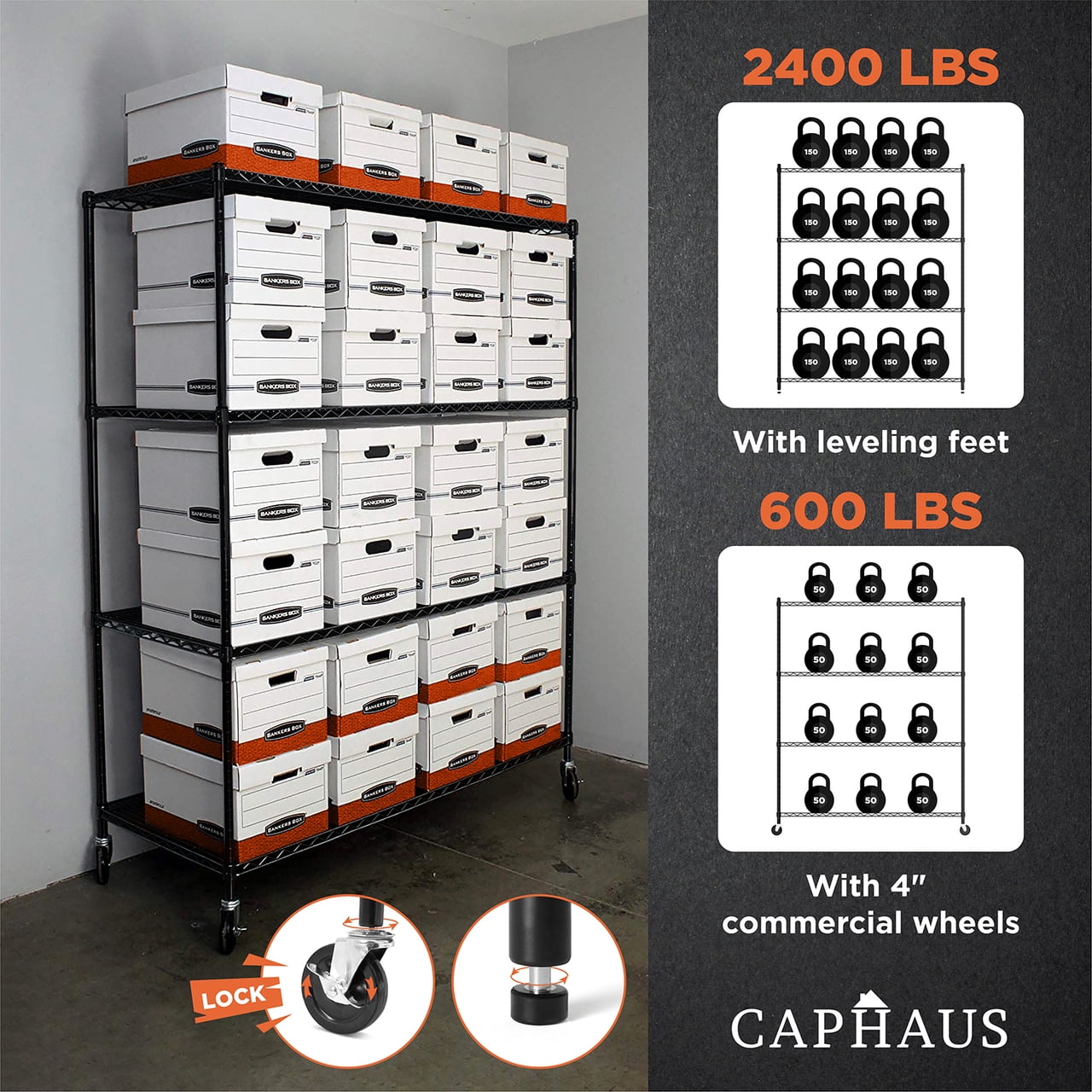 CAPHAUS 4-Tier Commercial Grade Heavy Duty Adjustable Height Wire Shelving w/ Wheels & Leveling Feet, Storage Metal Steel Shelf, Garage Shelving Storage, Utility Wire Rack Storage Shelving Unit