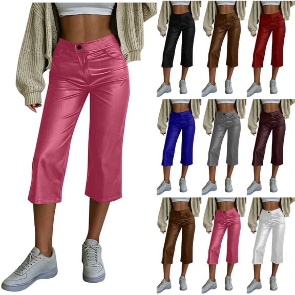 Bloomae Women Faux Leather Capri Pants Going Out Casual Button Elastic High Waist Cropped Pants Y2K Trendy Straight Leg Capris with Pockets
