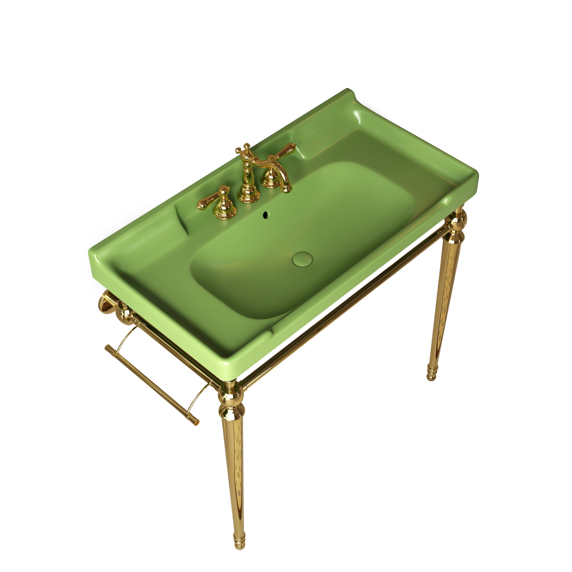 Noble House VICI 36" Bathroom Console Sink, Wall-Mounted Ceramic Basin Vanity with Stainless Steel Legs, Green & Gold