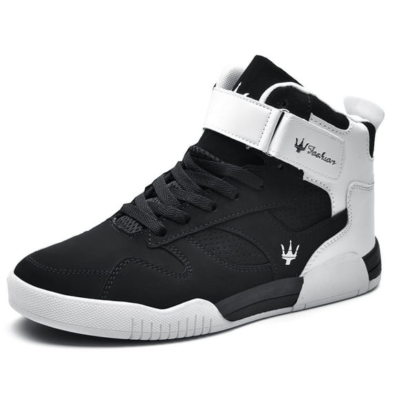 FZUU Men's Fashion High Top Leather Street Sneakers Sports Casual Shoes (9, Black)