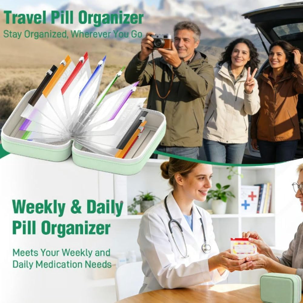 A8 Waterproof Pill Pouch Set, Weekly Pill Organizer with 14 Color Coded Medicine Pouches, Large Reusable Travel Medicine Case, Crush Resistant Waterproof Zipper Storage for Vitamins Fish (A)