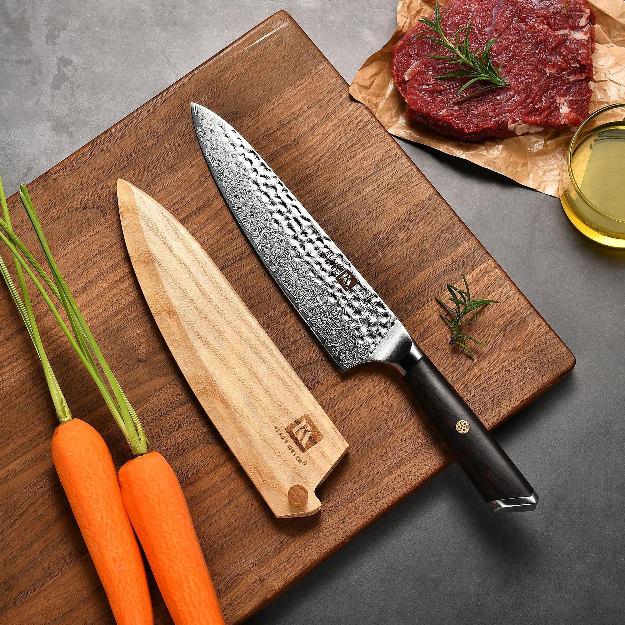 Klaus Meyer Spada Damascus Steel 3 Piece Non-Slip Handles Knife Set with Sapele Wood Box