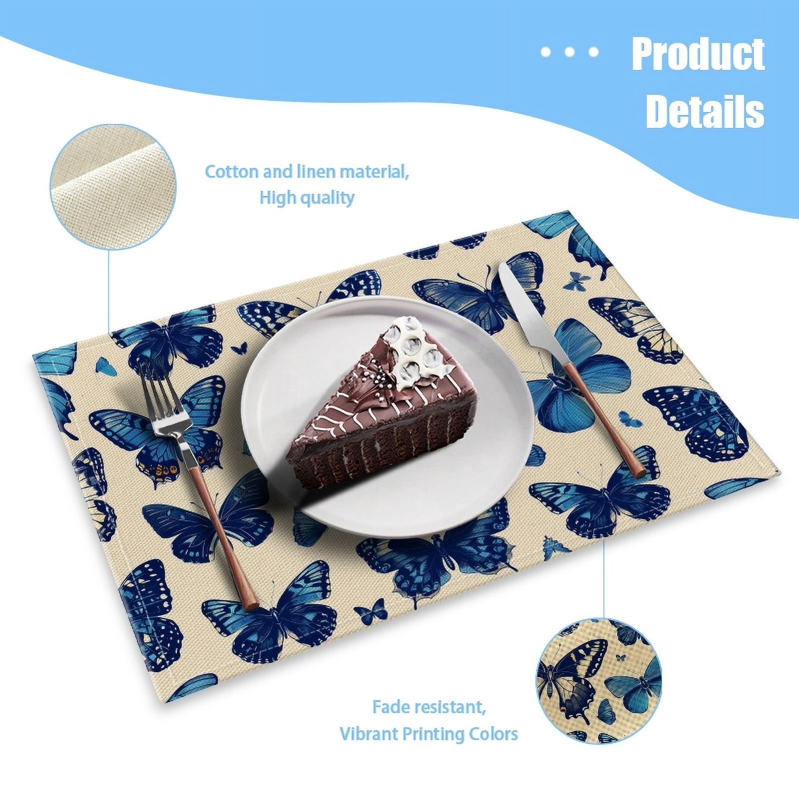 BaHomeck placemats Set of 4 Blue Butterflies With Wings Spread Wide And Delicate Cotton Linen rectangle Placemats for Kitchen Dining Table Indoor,Outdoor,18*12inch