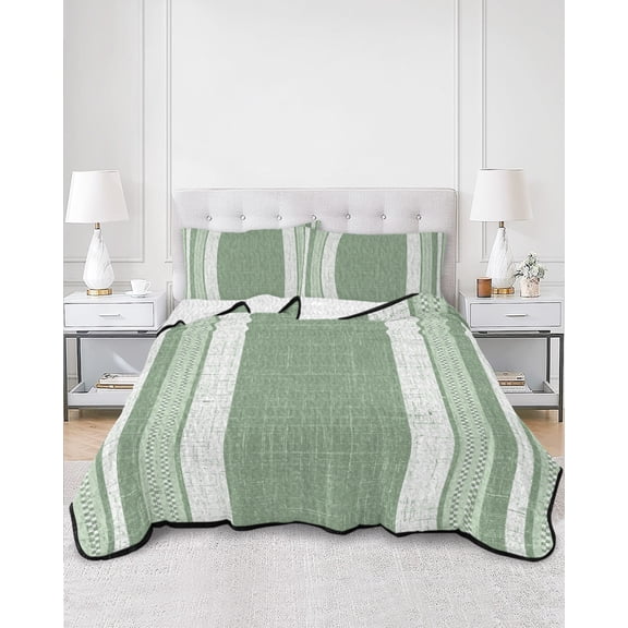 Quilts Twin XL Size, Vintage Green Striped Soft Comforter Bedding Set for Bed, Farmhouse Modern Stripes Boho Texture Lightweight Quilted Bedspread with Pillow Cover(2 Pieces) All Season, 68x98 Inch