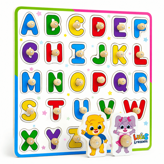 Lucas & Friends Wooden Alphabet Peg Puzzle Board for Toddlers, Learning Toy for Kids Ages 3-5, Made of Wood