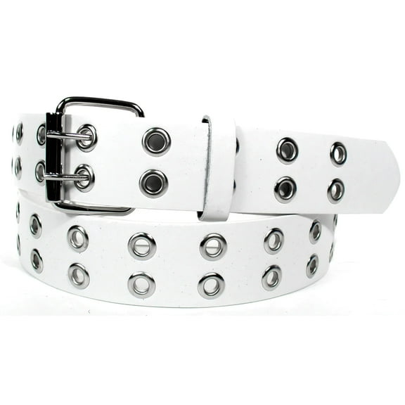 White 2 Holes Row Silver Grommets Bonded Leather Belt Removable Buckle