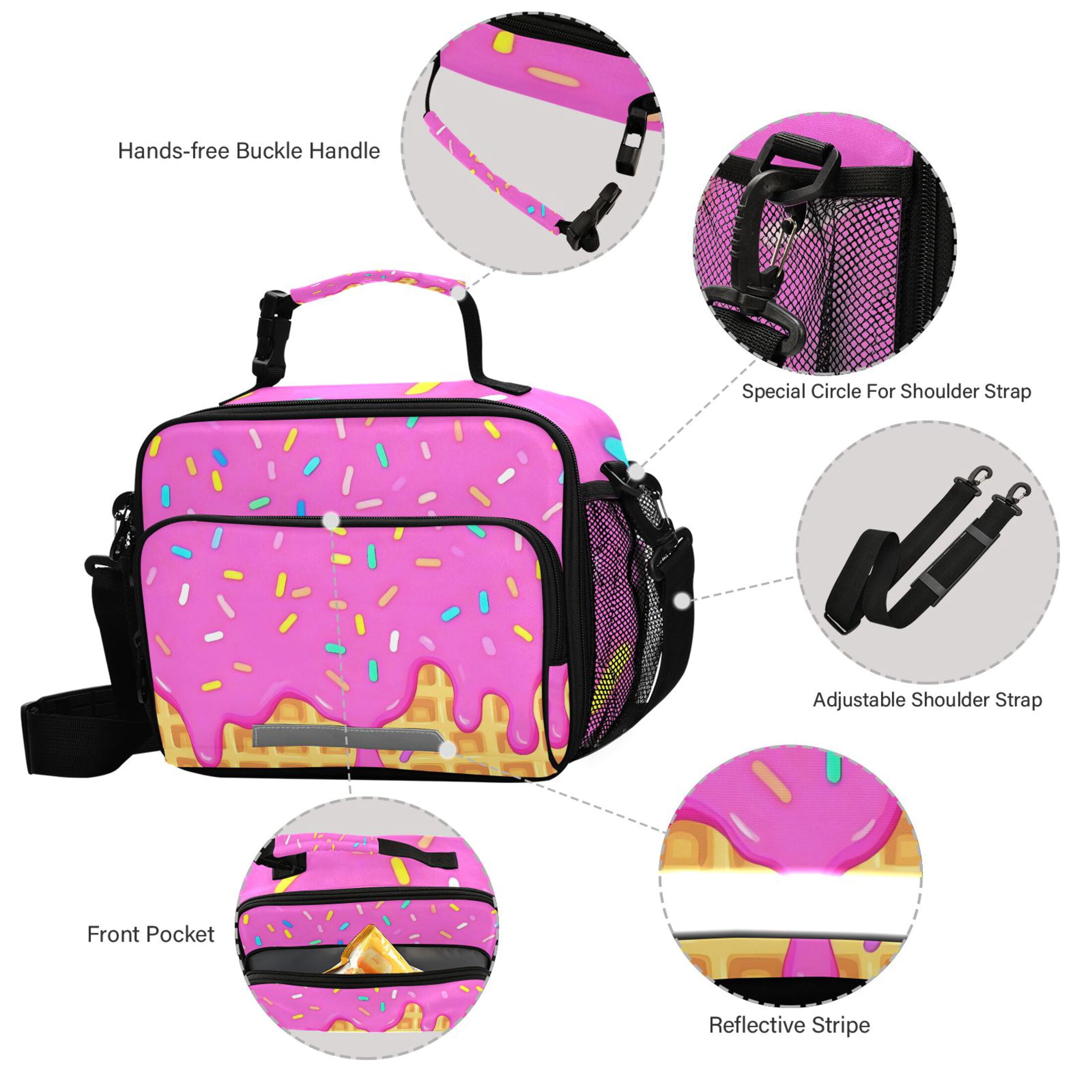 ALAZA Pink Ice Cream Lunch Box Insulated Cooler Bag Reusable Tote Bags Shoulder Strap