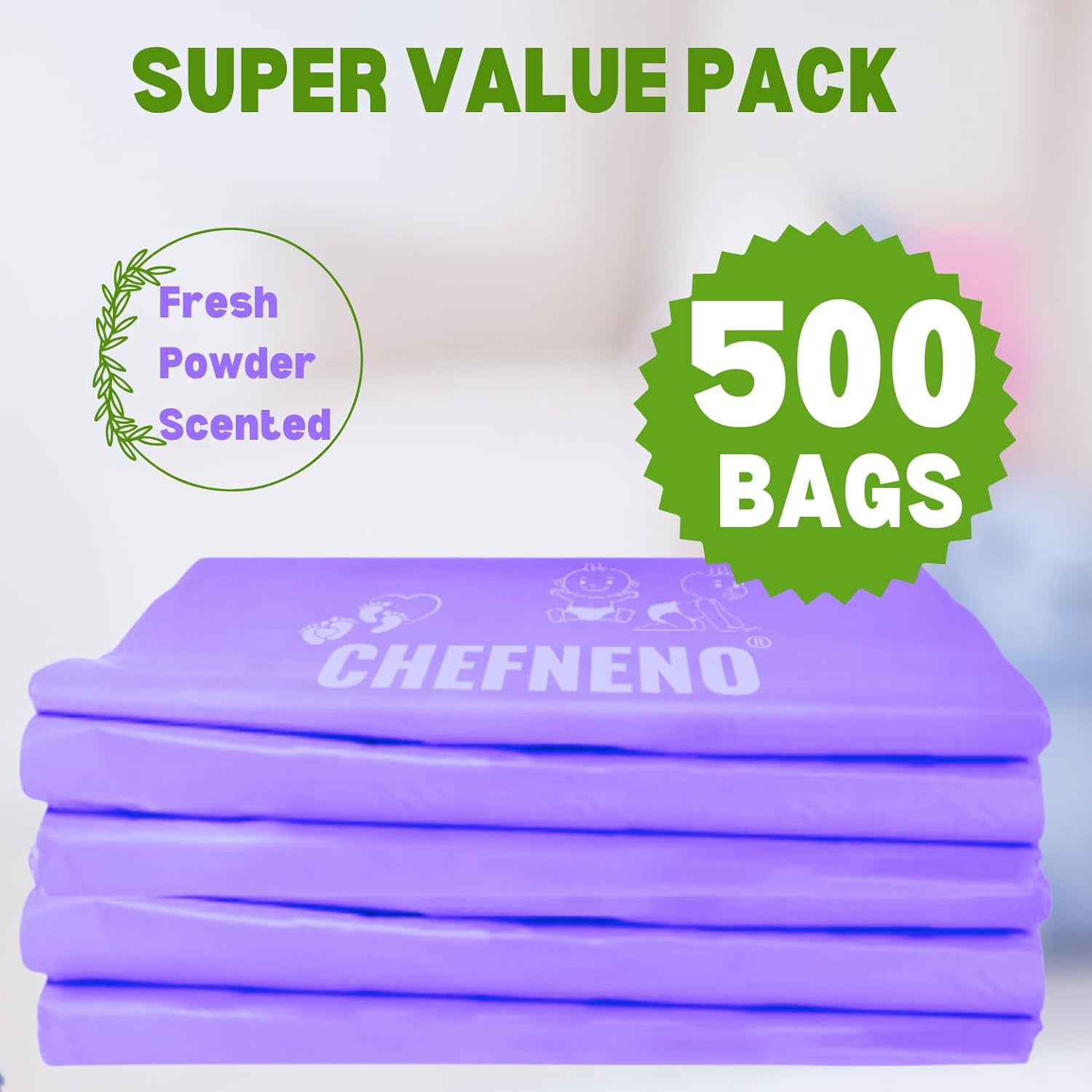 Disposable Baby Diaper Bags (500 Bags) Powder Scented Easy Tie Handles epi Diaper Disposable Sacks Dog Poop Bags Cat Litter Waste Bags ( Powder, 500 ct.)