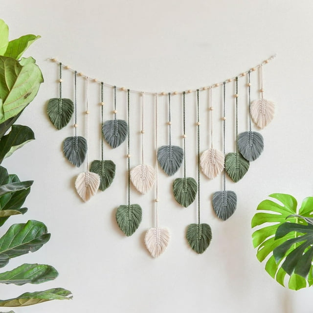 Decoración de pared de plumas grande y elegante, colgante de hojas, exhibición de fotos, arte de pared tejido hecho a mano, tapiz de hojas para guardería, 29,5x47,3 pulgadas