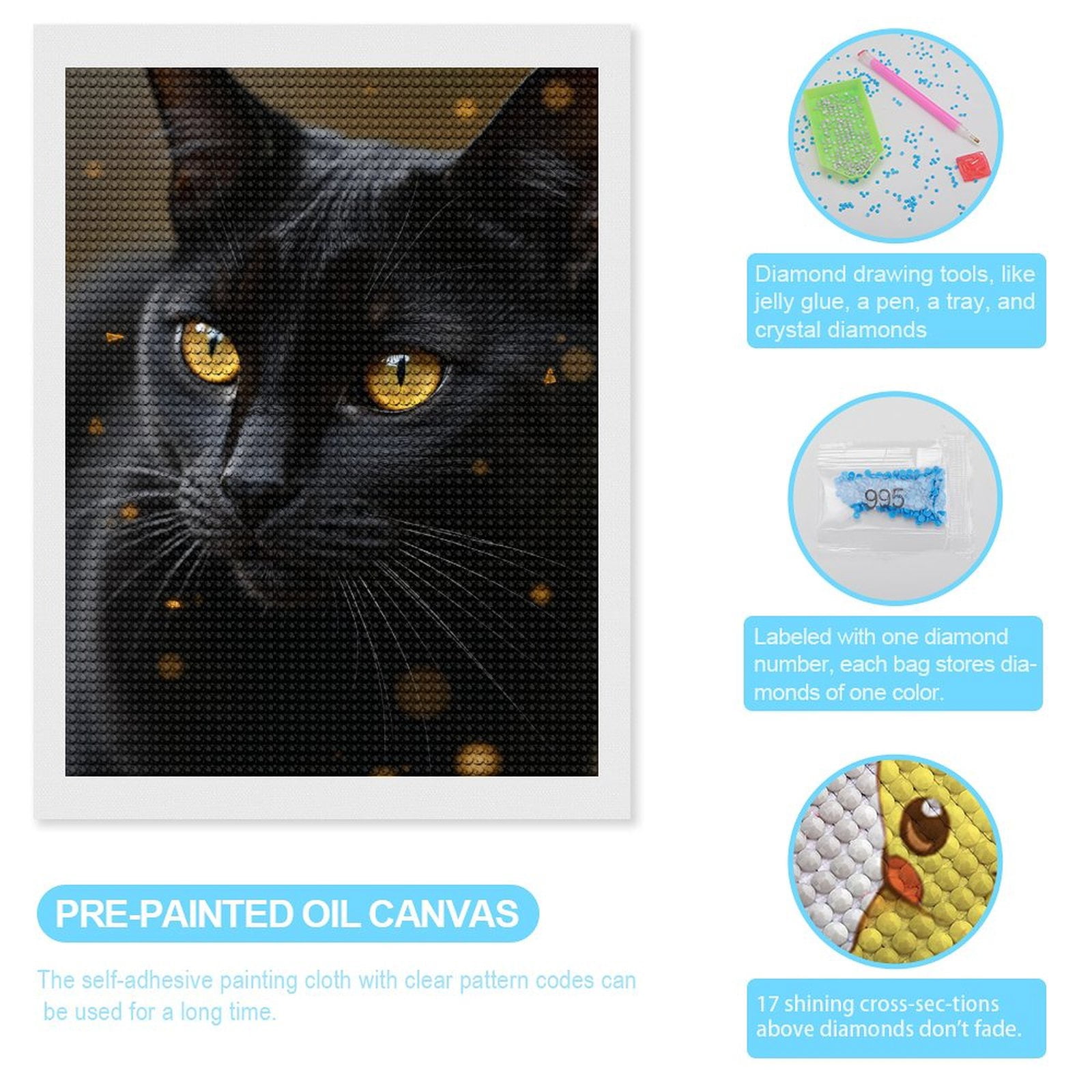 Diamond Art Kits for Adults, Black Cat With Golden Eyes 5D Diamond Painting Kits for Adults Beginners, DIY Full Drill Diamond Painting, Gem Art and Crafts 12x16