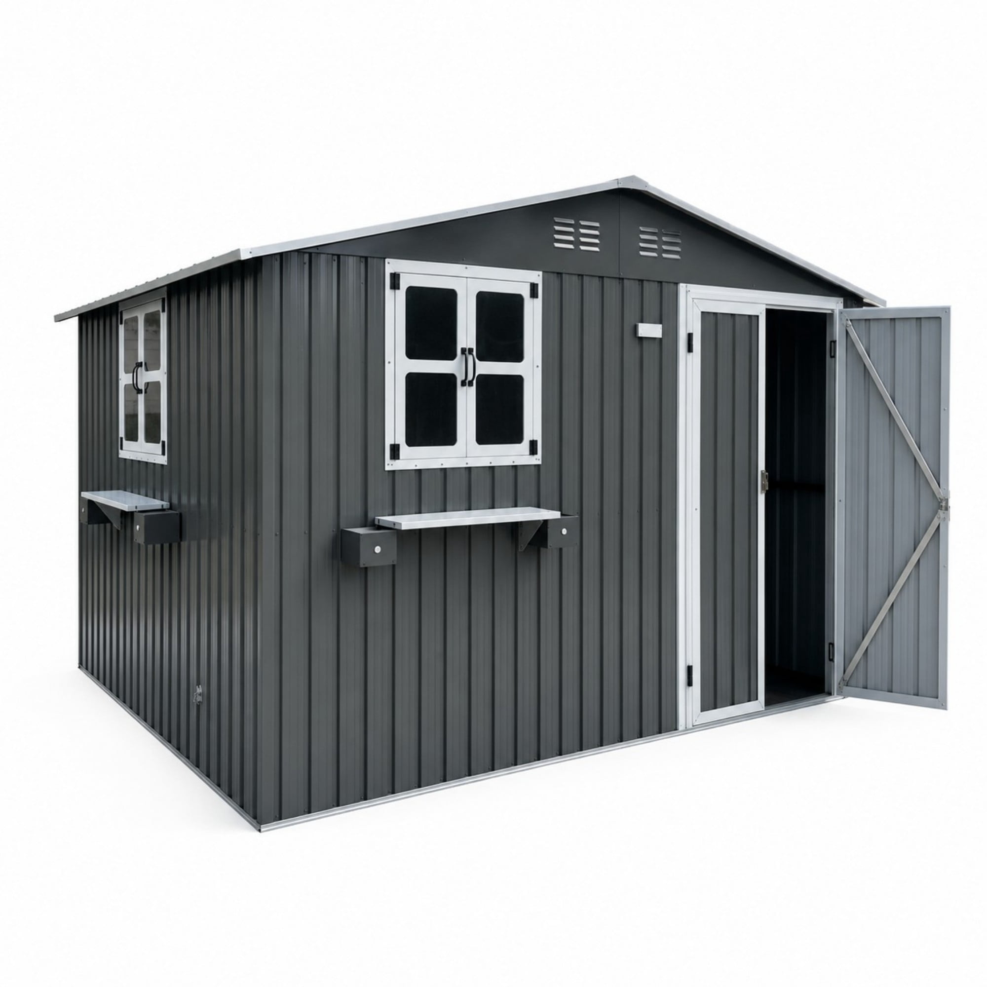 Aukfa 10x8 FT Outdoor Storage Shed with Lockable Doors&Flower Rack, Metal Garden Shed for Bike/Generator/Tool Storage, Coal Gray