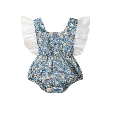 

CenturyX Newborn Baby Girl Romper Summer Lovely Halter Floral Sleeveless Ruffles Jumpsuit Infant Casual Fly Sleeve Bodysuit Clothes Blue 6-9 Months