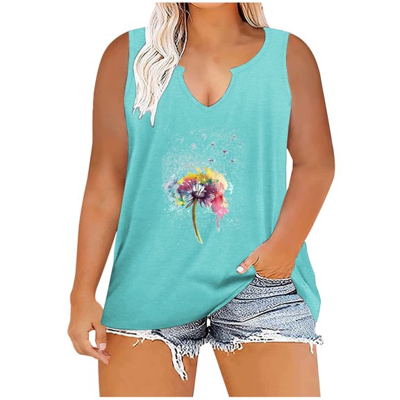 WXLWZYWL Womens Summer Tops 2023 Clearance Trendy Printed V Neck Sleeveless Tee Shirts Casual Tee Sky Blue