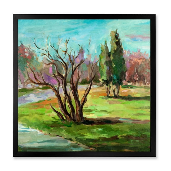 Designart 'Two Distant Trees In A Vibrant Green Landscape' Traditional Framed Art Print