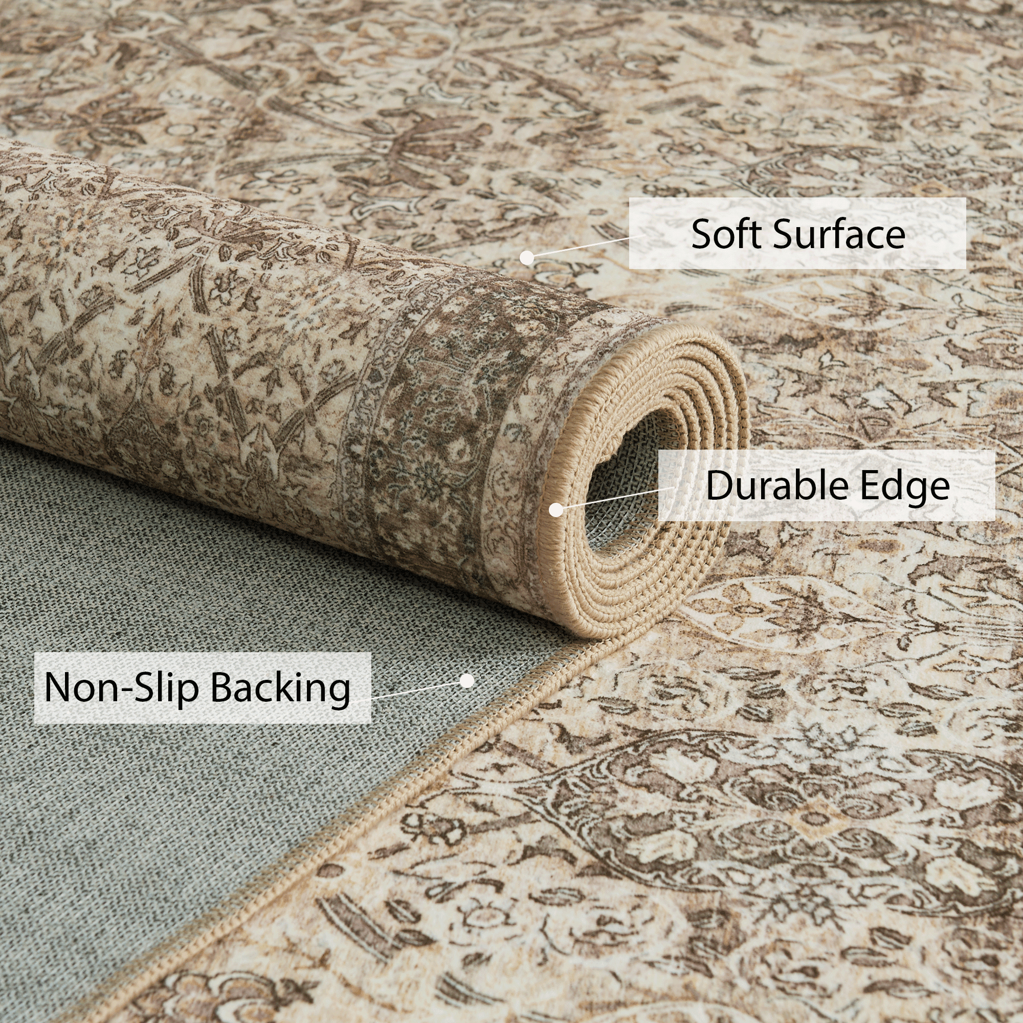 NICETOWN Washable Rug Vintage Area Rug, 5'x8' Thin Machine Washable Rug Non-Slip Foldable Pet-Friendly Area Rugs for Bedroom Living Room, Brown