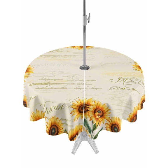 Outdoor Tablecloths with Umbrella Hole & Zipper, Yellow Sunflowers Round Tablecloths 60 Inch, Farmhouse Rustic Botanical Floral Plants Waterproof Table Cloth, Patio/Pool/Picnic Table Covers