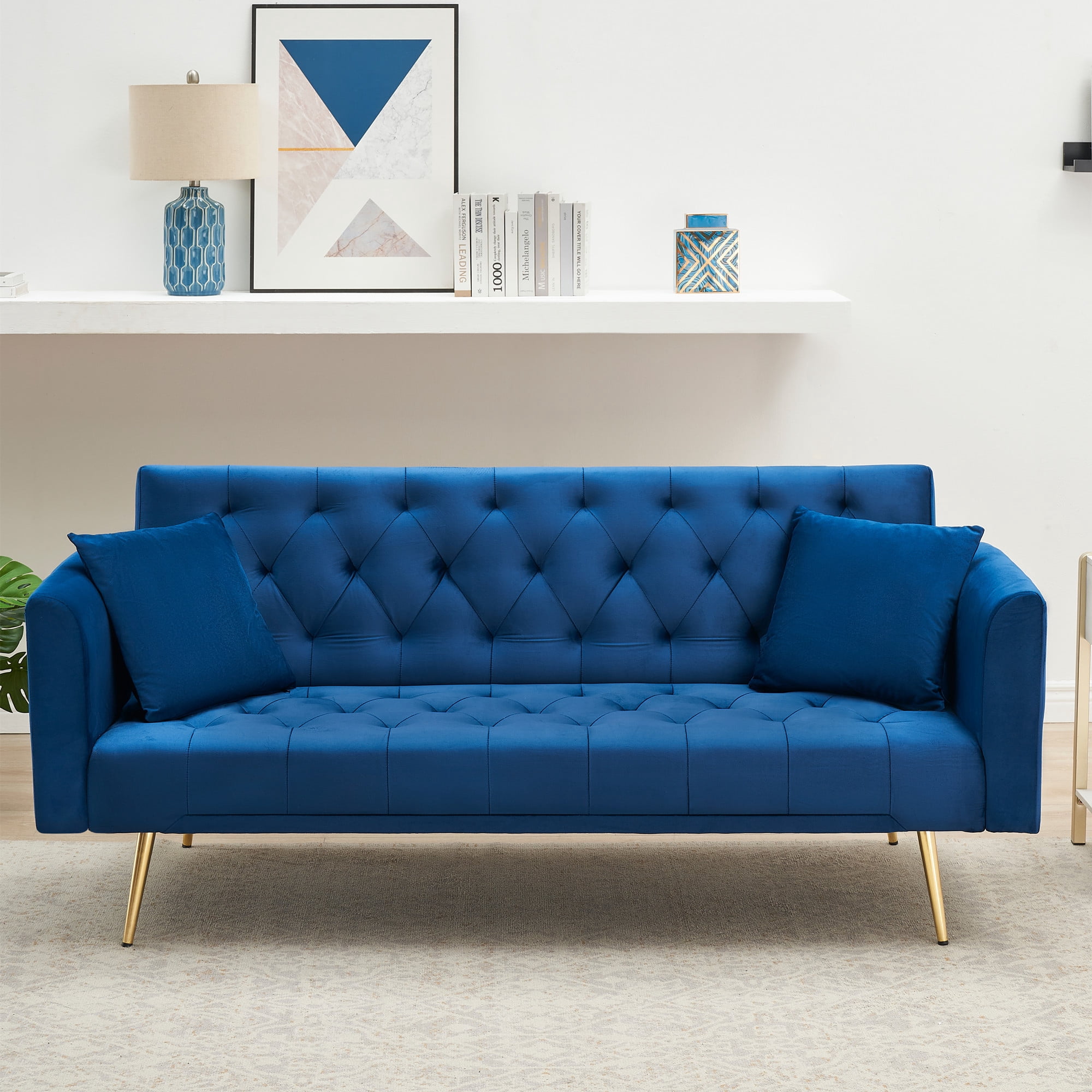 Aukfa Velvet Futon Convertible Sofa Bed, Upholstered Arm Couch for Home Office, 2 Pillows, Blue