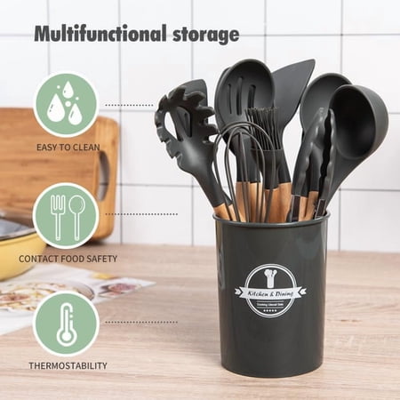 12PC Multi-Function Kitchen Utensil Set - Silicone Heads  Wooden Grips（black）