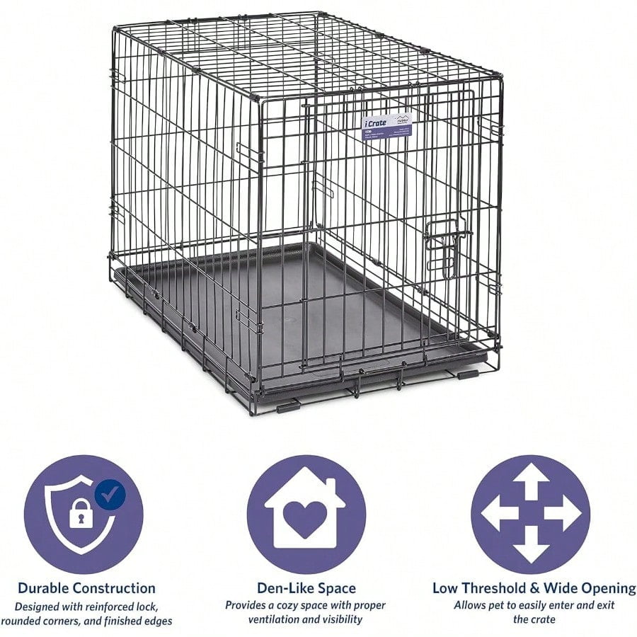 30Inch iCrate Folding Dog Crate with Divider Panel LeakProof Tray Secure Latches Metal Wire Kennel for Medium Breeds Portable Durable Easy to Assemble