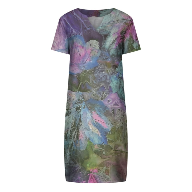 Ussuma Dress for Women Wedding Guest, Summer Linen Dress for Womens Short Sleeve V Neck Shift Dresses Floral Bird Print Knee Length Sundress Midi