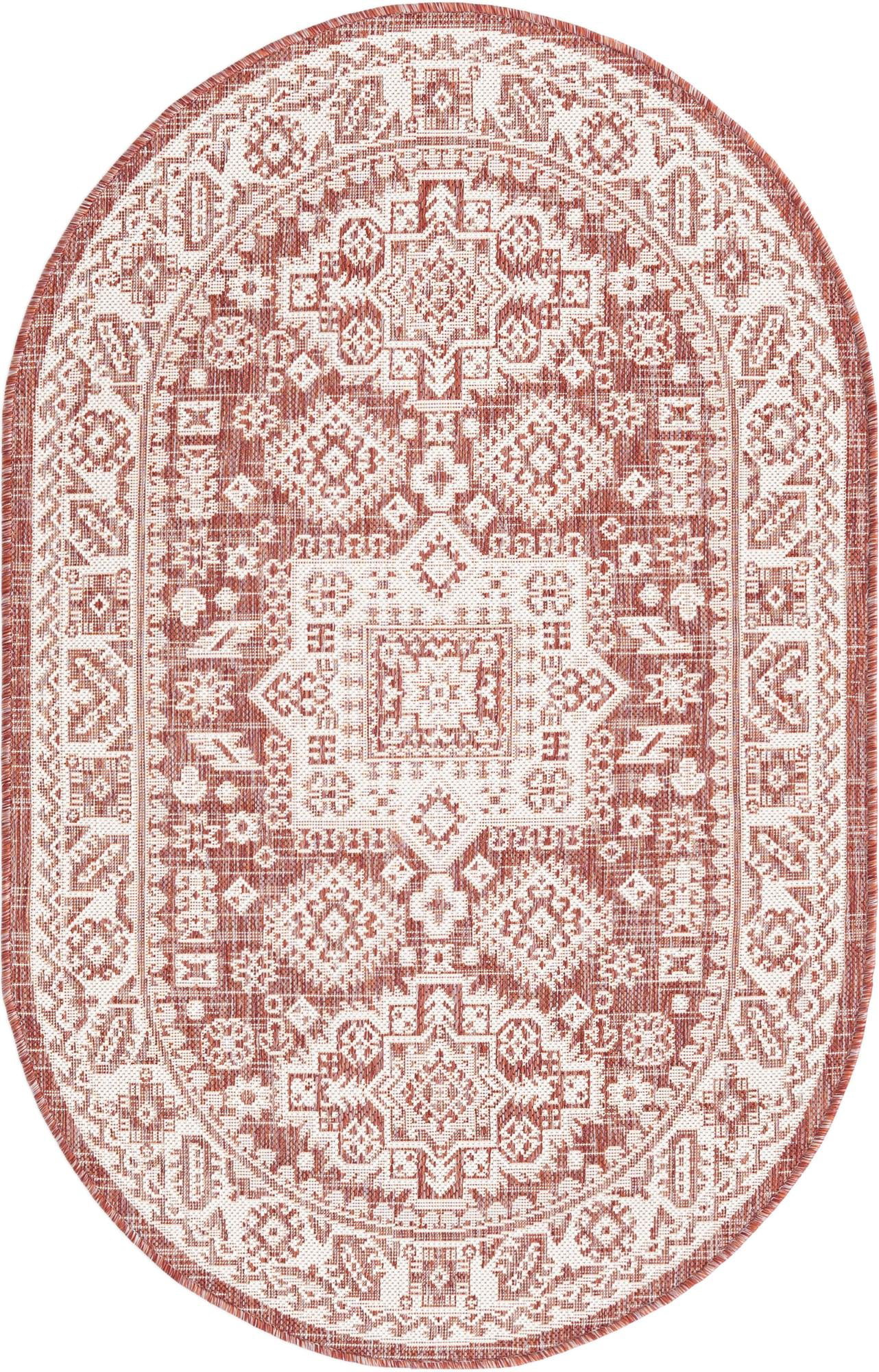 Rugs.com Outdoor Aztec Collection Rug Large Dining Rooms 4' x 6' Rust Red Flatweave Rug Perfect for Living Rooms Open Floorplans 