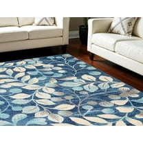 6' X 9' Navy Blue and Beige Botanical Leaves Area Rug
