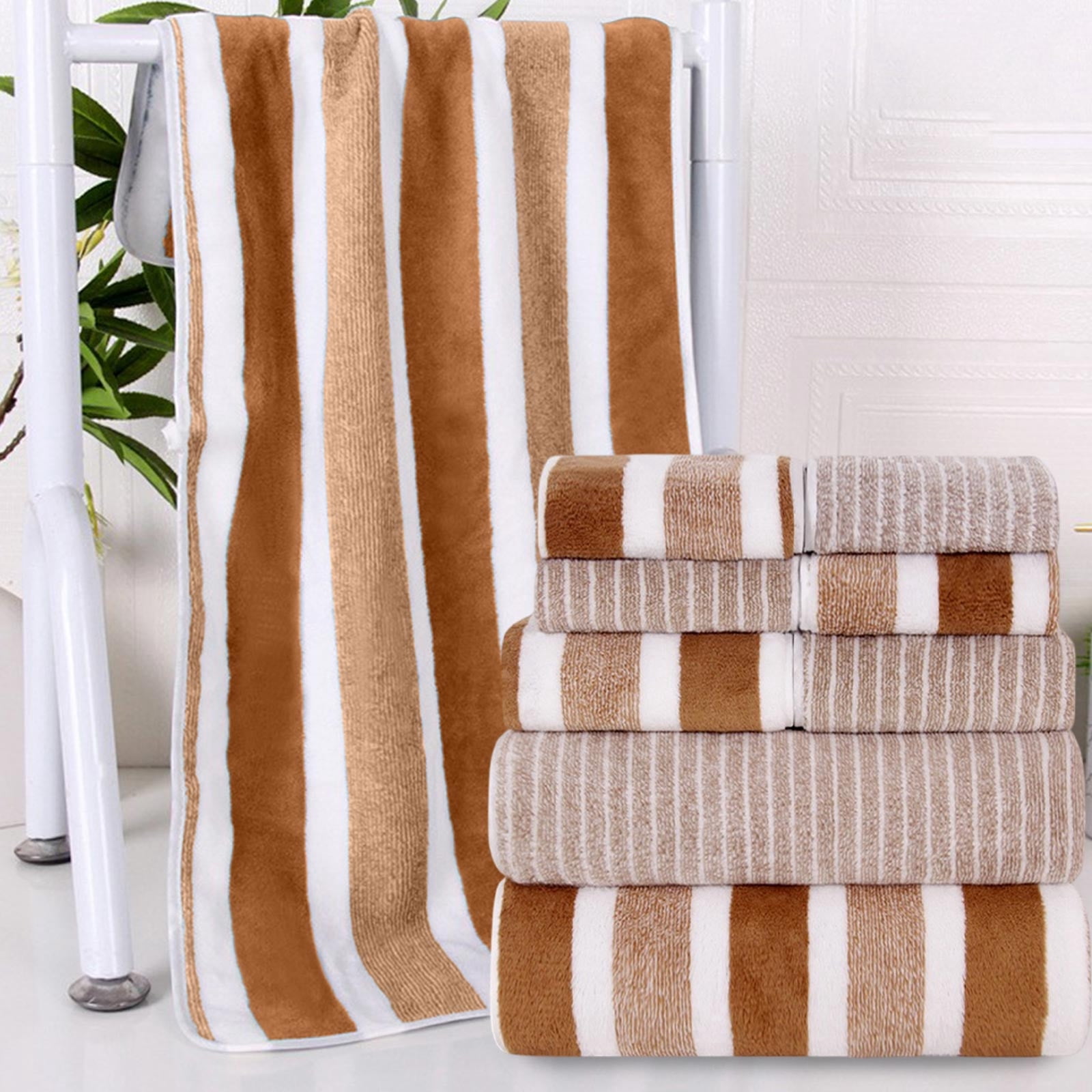Ultra Soft Bath Towel Set 8-Piece, Velvet Wide Stripe Towel Washcloth Bath Towel, Microfiber Absorbent Quick Dry Towels for Bathroom, Spa, Gym, Pool Shower Beach (Brown)