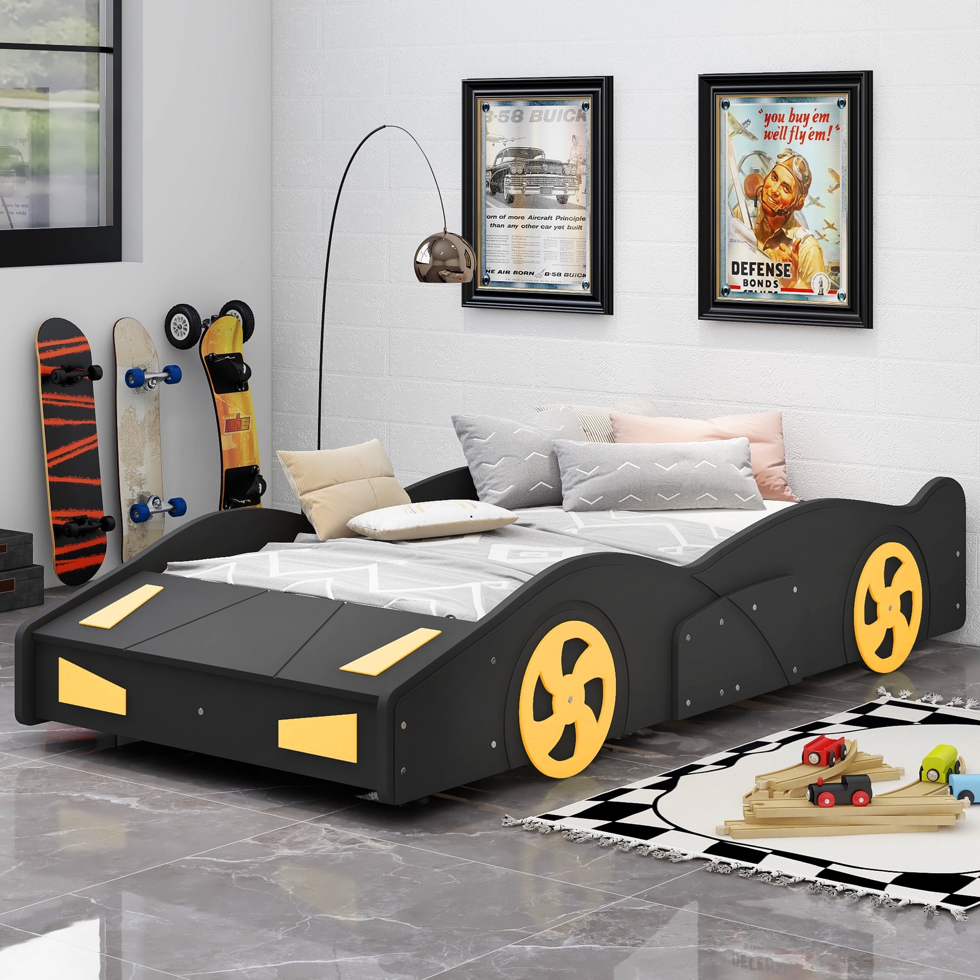 Euroco Car-Shaped Twin Size Platform Bed with Tires and Storage Cabinet for Kids Bedroom, Black
