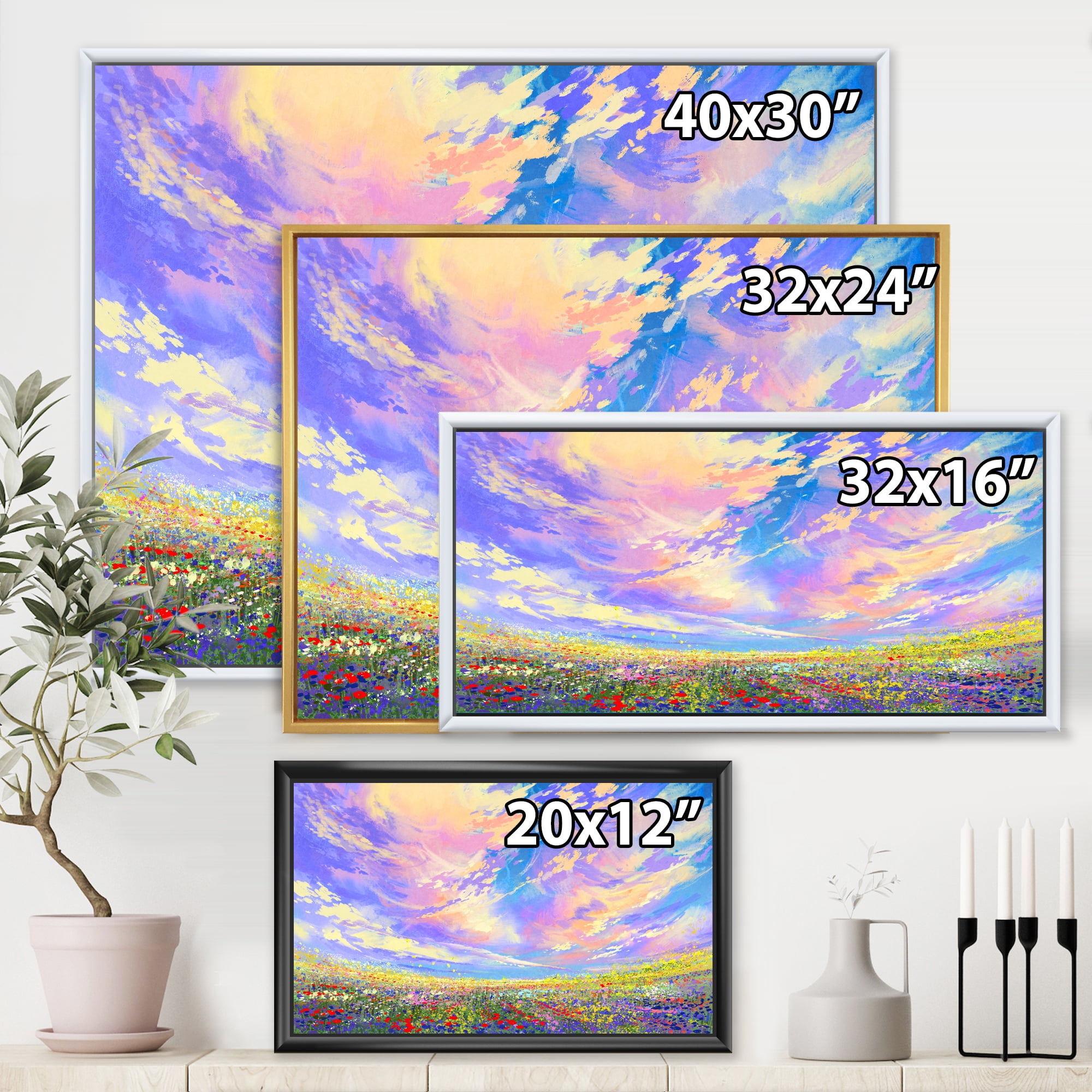 Designart 'Gorgeous Clouds Over Colorful Flowers In Field' Traditional Framed Canvas Wall Art Print