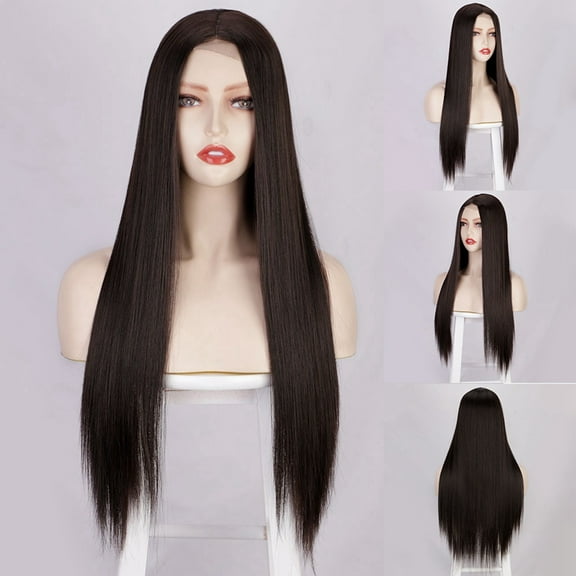European Human Hair Blend Long Straight Lace Front Wig Middle Part Natural Synthetic Fiber Headpiece For Women