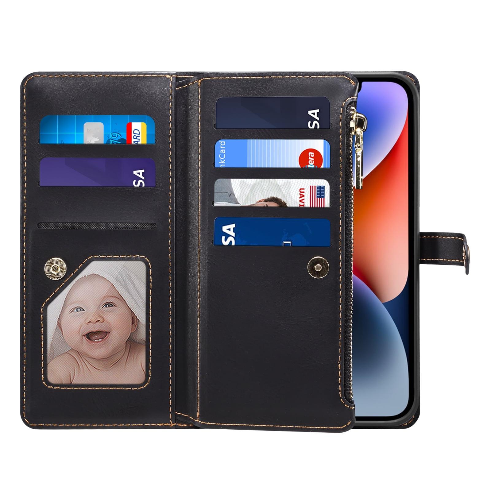 Dteck Wallet Case for iPhone 13 6.1 Inch, Leaf Pattern Luxury PU Leather RFID Blocking Card Slots Holder Zipper Pocket Flip Case with Kickstand Magnetic Crossbody Strap Phone Cover,Black