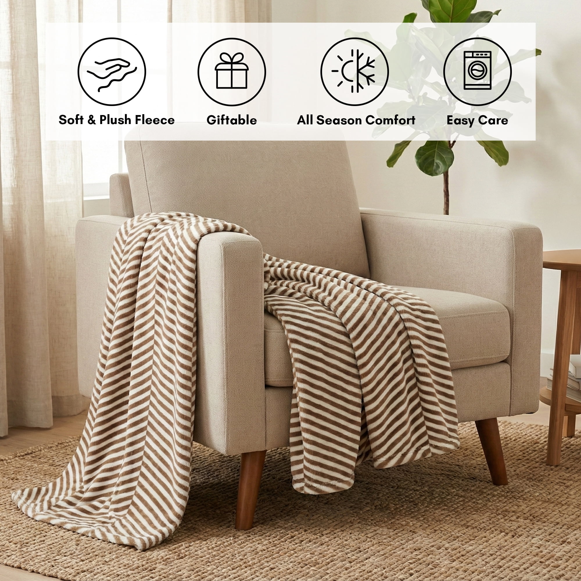 Americanflat 50x60 Fleece Throw Blanket - Classic Herringbone Pattern Design - Soft Throw For Couch And Bed - Cozy Comfort For Any Room - Brown