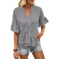 thumbnail image 1 of Camisa informal de trabajo holgada de manga corta para mujer - Top negro con escote en V y dobladillo con volantes a rayas S, 1 of 8