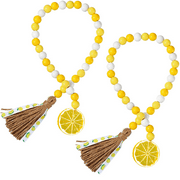 2 Pieces Lemon Wood Bead Garland with Tassels, Novobey Lemon Wooden Beads Garland with Jute Summer Yellow White Rustic Farmhouse Decor for Home Party Decoration