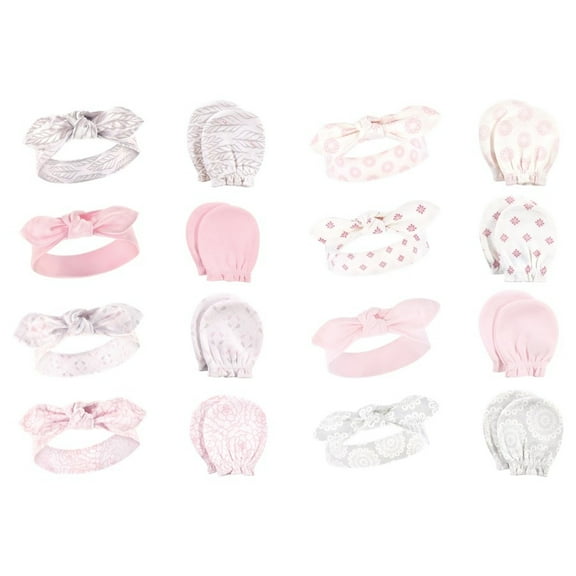 Hudson Baby Infant Girl 16Pc Cotton Headband and Scratch Mitten Set, Gray Feather Lace Medallion, 0-6 Months