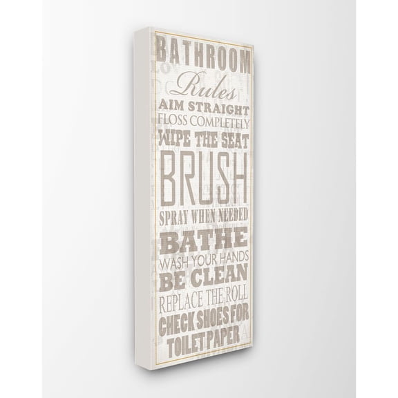 The Stupell Home Decor Collection Bathroom Rules Tan and White Distressed Overlay Typography Canvas Wall Art