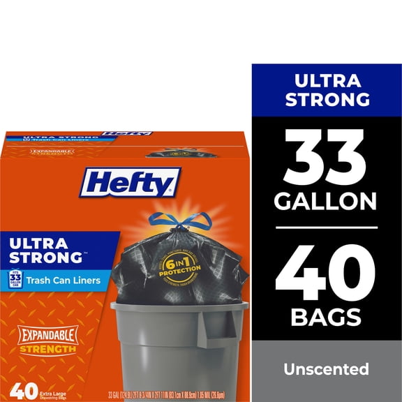 Hefty Ultra Strong Extra Large Trash Bags, Black, Made with 20% Post-Consumer Recycled Materials, 33 Gallon, 40 Count